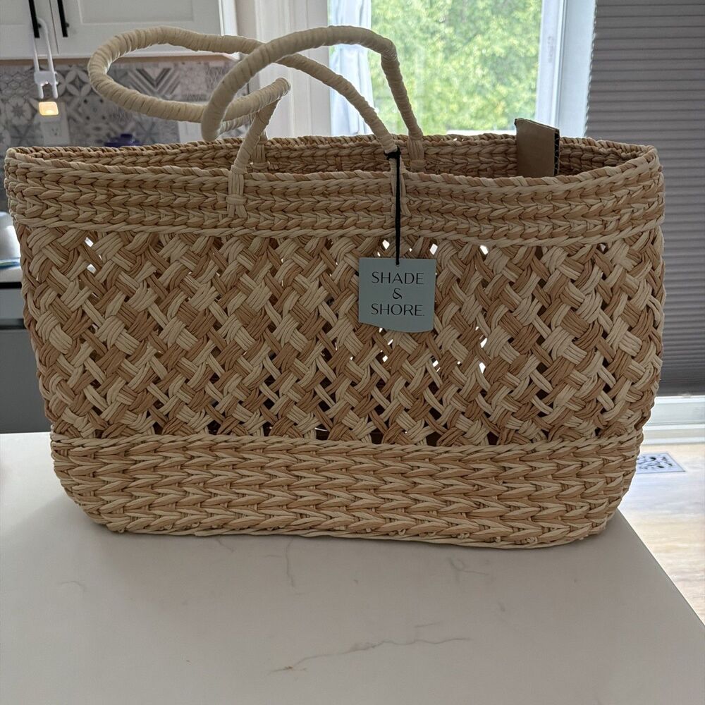 Shade & Shore Beige Tote Bag Top Handle Women Beach Casual Travel Rectangle